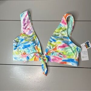 NWT Time and Tru Size L Bikini TOP ONLY White Multicolor Plunge Front Tie.